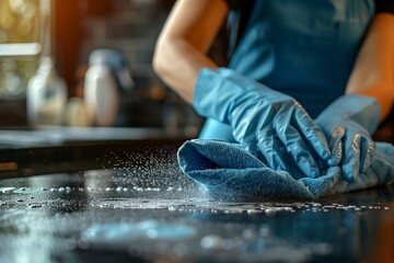 This close-up captures a woman's gloved hands meticulously polishing a table top with cleaning supplies, embodying the essence of diligent home and office maintenance for a pristine environment