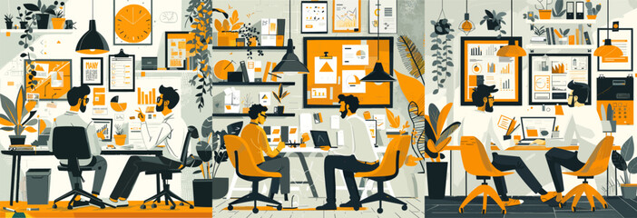 Coworking creative process scenes cartoon vector collection. Characters working together with laptops and charts in modern office room plants stylish workspace interior