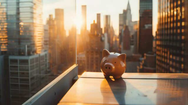 Piggy bank on the edge of a building with city skyline at sunrise. Financial planning and saving concept