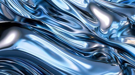 A shiny blue metallic surface with waves and ripples featuring fluid lines and curves. Abstract background. Generated by artificial intelligence.