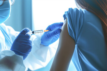 Doctor or nurse wearing gloves giving vaccination shot to patient. Close-up of a person getting Covid vaccine shot in their arm. Covid-19 and flu vaccinations, immunizations, jab. - obrazy, fototapety, plakaty