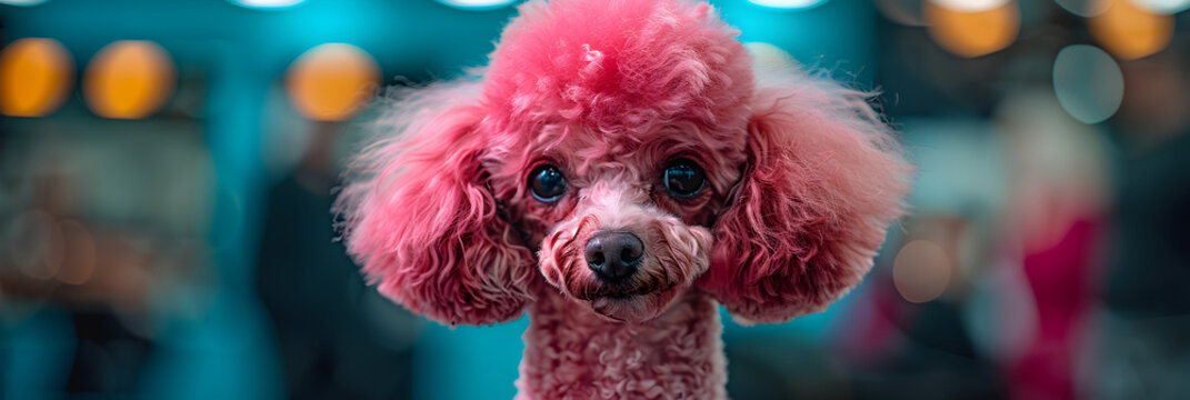 A pink poodle dog getting a stylish haircut,
Intelligent Poodle dog