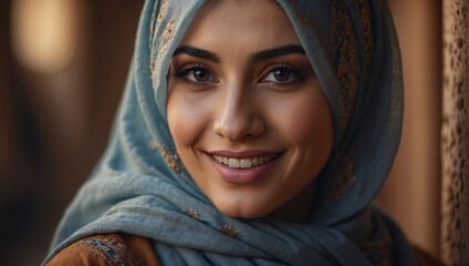 Portrait of a beautiful smiling Arab woman in a hijab. Religion. Traditions.