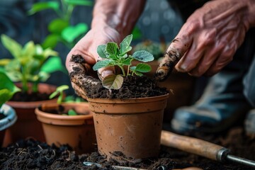 Hands planting a young plant in a pot with soil, tools around, gardening concept