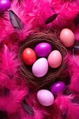 Fototapeta na wymiar Easter eggs with feathers on pink background. Creative concept. Spring holiday greeting card, banner, poster, flyer. Flat lay, top view