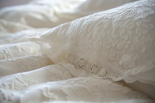 Close-up of high-quality cotton bed linen, intricate textures and patterns, soft and inviting