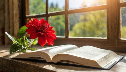 book and flower on window