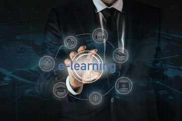 E-learning technology online education concept. Remote lessons, business formation. Internet webinar