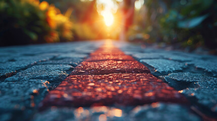 The last rays of the sun cast a warm glow on an old cobblestone path leading through lush foliage.