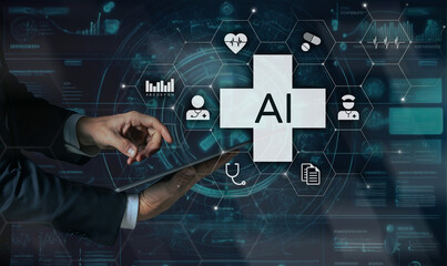 Artificial intelligence for patient treatment. Doctor use AI for diagnosis. Medical research concept