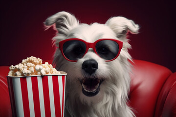 Funny dog watching 3D movie in glasses and eating popcorn at cinema generative AI