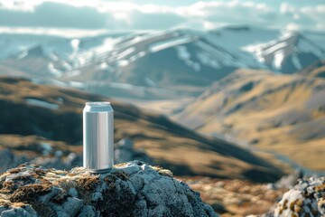 An unbranded beverage can rests on a lichen-covered rock, fronting a majestic mountain range, under a clear blue sky - Powered by Adobe