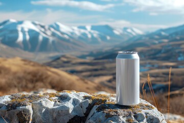An unbranded beverage can rests on a lichen-covered rock, fronting a majestic mountain range, under a clear blue sky - Powered by Adobe