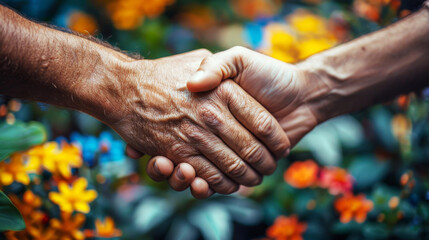 Two hands clasping firmly in a handshake amidst a vibrant garden, depicting unity and partnership.