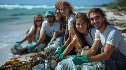 Group enjoying cleaning beach water, travel, leisure, happy faces, event fun