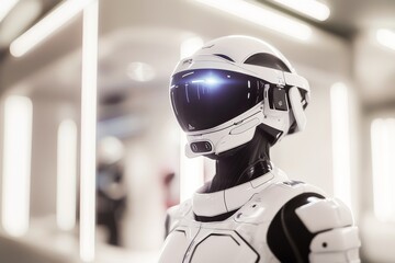 Modern white humanoid robot with a sleek helmet and glowing eyes in a futuristic environment.