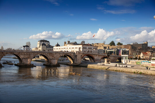 View on Stone bridge from Oko bridge in Skopje in the evening
