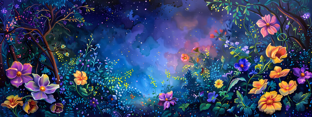 Fototapeta na wymiar Celestial Blossoms: The Garden of Night Blooms