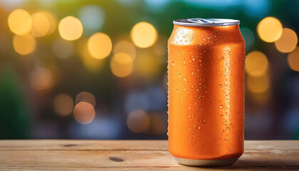 Orange aluminum can with condensation drops on table. Drink package. Refreshing beverage. - obrazy, fototapety, plakaty
