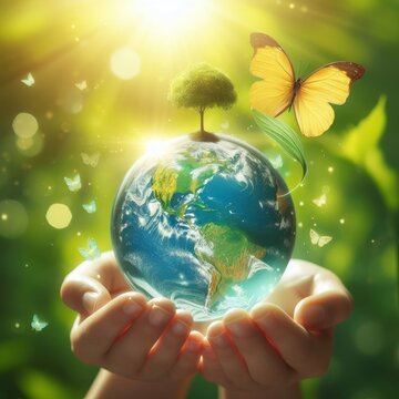 A powerful and symbolic image featuring a crystal glass globe cradled in a human hand, accompanied by a growing tree and a vibrant yellow butterfly against a green sunny background.