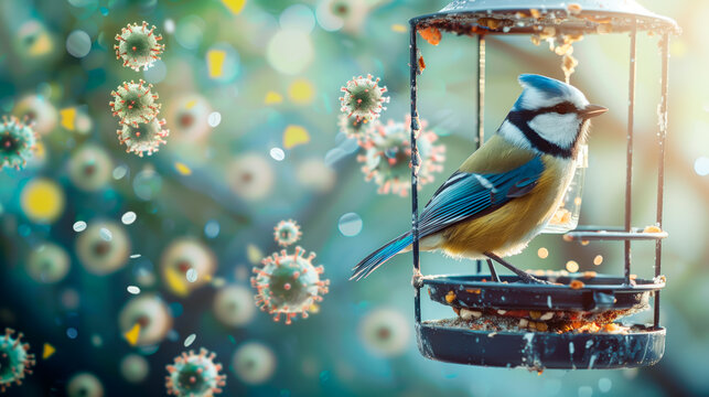 Blue tit perched on feeder amidst illustrated viruses, evoking bird flu or parrot fever concept.