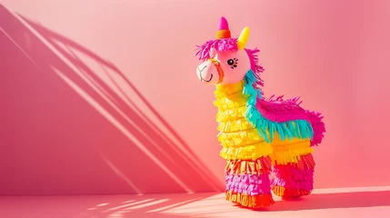 Fotobehang Vibrant llama pinata stands on a bright pink background casting playful shadows, spirit of a Cinco de Mayo celebration or any joyful party occasion © Maria Shchipakina