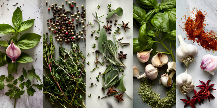 fresh herbs and greenery for spices and cooking on white wooden desk background A cutting board with various herbs and spices on it.