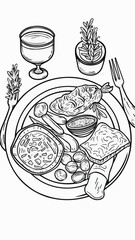 Jewish seder plate, dish with meal. Happy passover lettering, holiday pesach. Vector illustration of traditional pesach food on the plate. One continuous line drawing