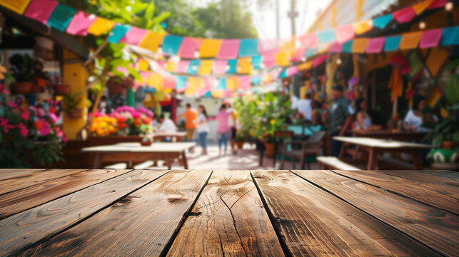 Empty wooden table with defocused decorated Mexican town, mockup scene for Cinco de Mayo holiday.