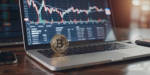 Bitcoin and cryptocurrency trading UX on a laptop monitor and phone screen - app and website mockup with trading dashboard and charts