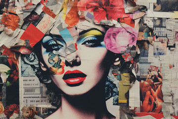 Generative AI picture Abstract modern art collage portrait of young woman man Trendy paper collage...