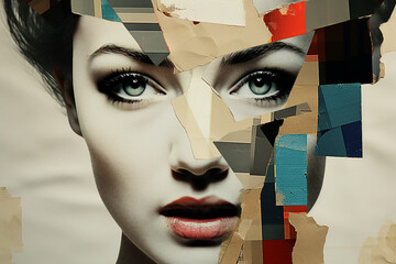 Generative AI picture Abstract modern art collage portrait of young woman man Trendy paper collage composition
