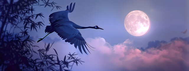 Twilight Flight: A Crane's Silhouette Against the Moon