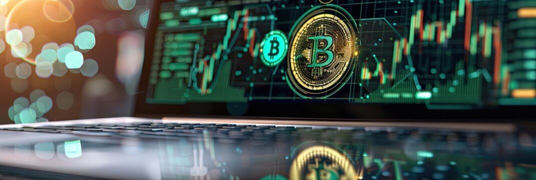 BItcoin trading dashboard - cryptocurrency app concept with bitcoin UX on laptop monitor. 