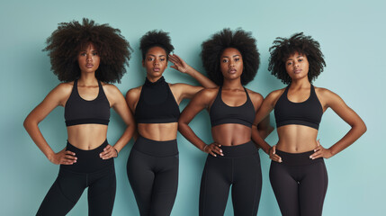 Diverse group of five women in black athletic wear are standing confidently together against a teal background.