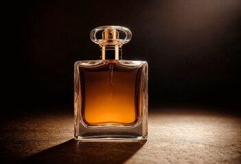 Frasco de perfume iluminado, fondo oscuro, superficie texturizada.

