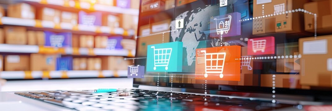 Ecommerce website and app concept - shopping carts and bags with checkout options for customers to make an online purchase during sales from a laptop computer monitor
