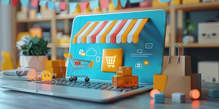 Ecommerce website and app concept - shopping carts and bags with checkout options for customers to make an online purchase during sales from a laptop computer monitor