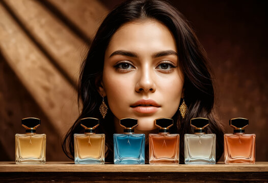 Cinco frascos de perfume, mujer con rostro desenfocado, fondo marr&oacute;n.




