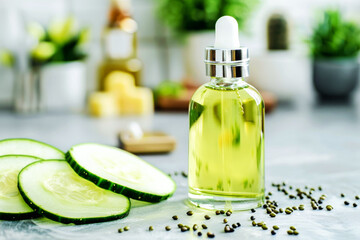 A bottle of cucumber oil beside slices of fresh cucumbers. Natural cosmetics concept. Copy space.