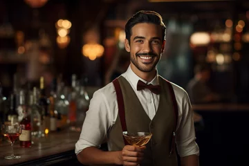 Poster Bartender barman person shaking mixing alcohol drinks in dark bar pub Generative AI © deagreez