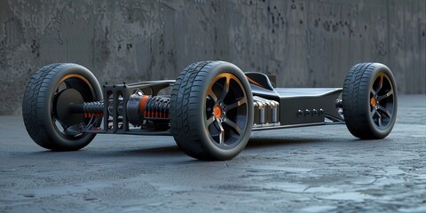 3D model of an electric car chassis with tires and schematics