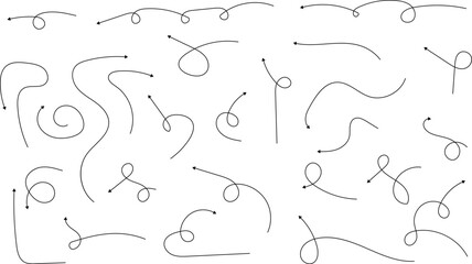 Hand drawn arrows. Hand drawn freehand different curved lines, swirls arrows. Curved arrow line. Doodle, sketch style. Isolated Vector illustration