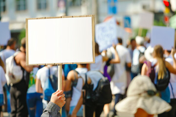 A person holding a blank empty sing in front of crowd at a public demonstration. With copy space.