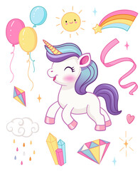 Cute unicorn birthday party vector illustration. Greeting card, poster, print, t-shirt design for kids,party concept, children books, prints,wallpapers. - 755900923