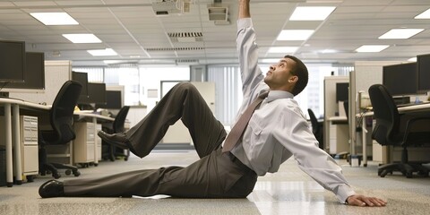 Male Business executive in professional dress suit and tie stretching in the office