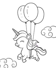 Unicorn flying on the balloons outline illustration for a kids coloring book. Unicorn coloring page vector illustration - 755900990