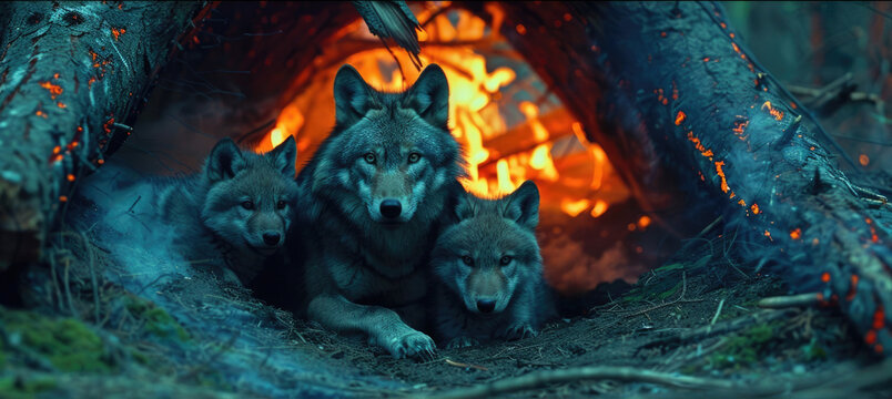 International Firefighters Day, a family of wolves looks out of a hole against the background of a burning forest, forest fires, rescue of wild animals, environmental disaster