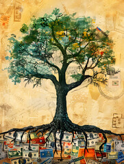 A Tree with Roots in Various Currencies Symbolizing Financial Growth