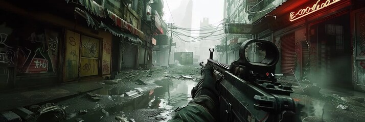 First person shooter (FPS) action video game screenshot - fictional war game with view from the player's perspective